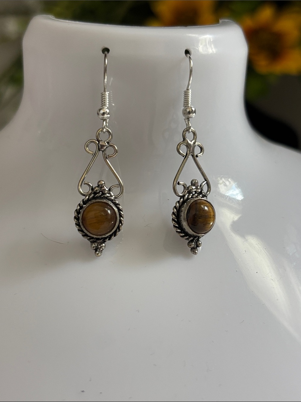 Silver Tiger Eye Gemstone Dangle Earrings